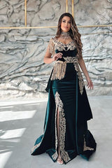 Long Mermaid Velvet Front Slit Formal Formal Evening Dresses with Gold Lace Appliques