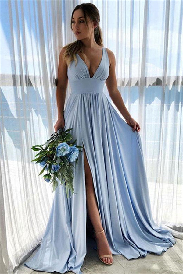 Long V-neck Split Front A-line Chiffon Formal Evening Dress