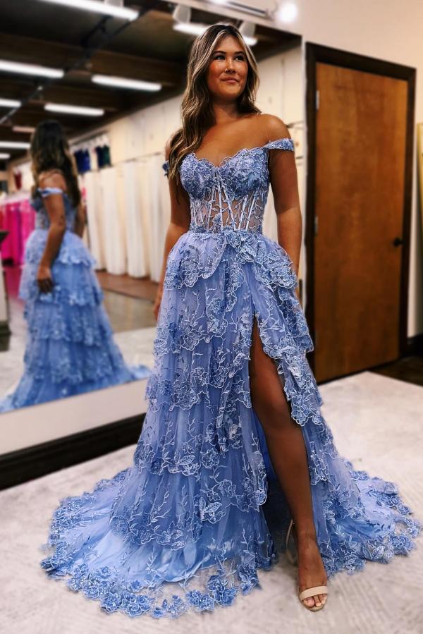 Long A-line Off the Shoulder Tulle Lace Prom Dresses with Slit