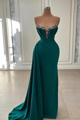 Elegant Long Mermaid Strapless Floor Length Sleeveless Satin Prom Dress with Ruffles