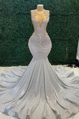 Sparkle Long V-Neck Beads Mermaid Prom Dress with Appliques Lace