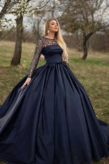 Long Ball Gown Satin Tulle Floor Length Prom Dress with Sleeves