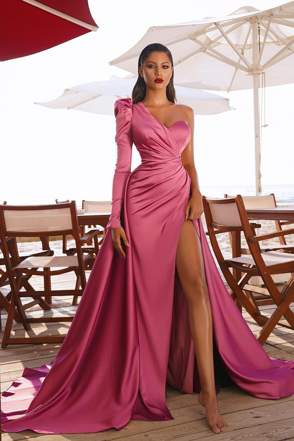 Long One Shoulder Mermaid Satin Front Slit Formal Evening Dress with Sleeves