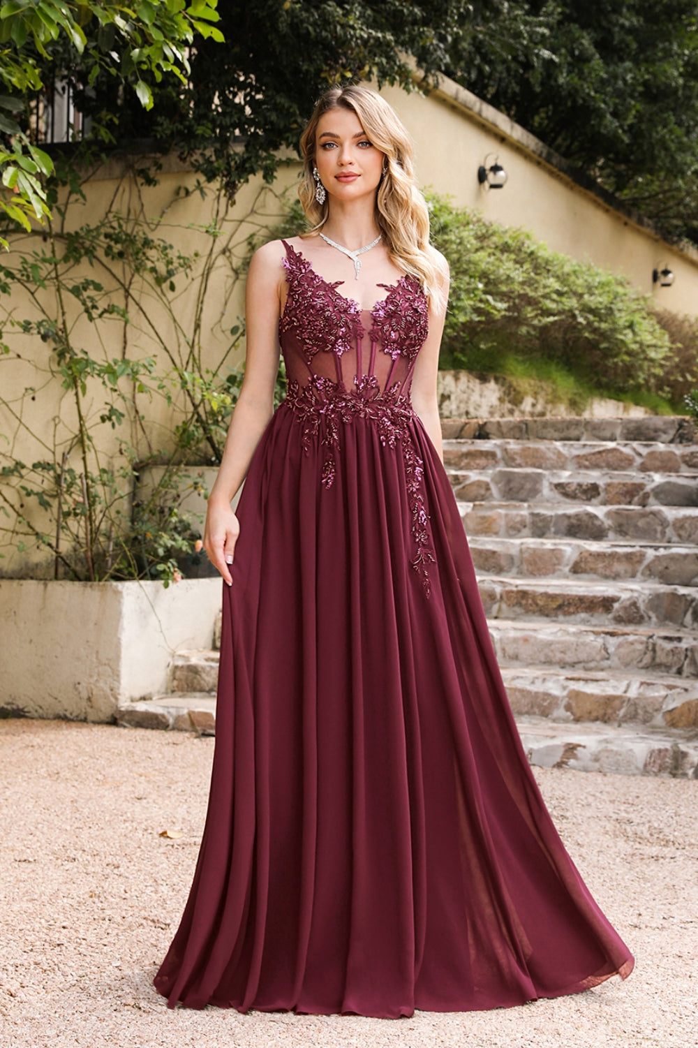 Long A-line V-neck Sleeveless Chiffon Lace Prom Dress with Appliques