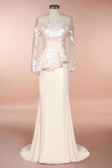 Modest Long Mermaid Lace Satin Formal Prom Dresses with Sleeves