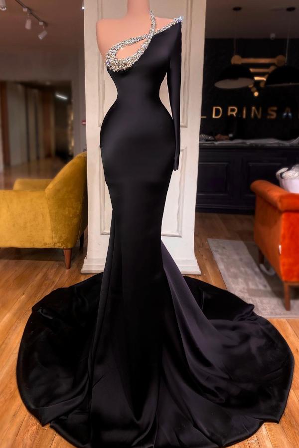 Black Long Sleeves Mermaid One Shoulder Beaded Sparkle Formal Prom Dresses