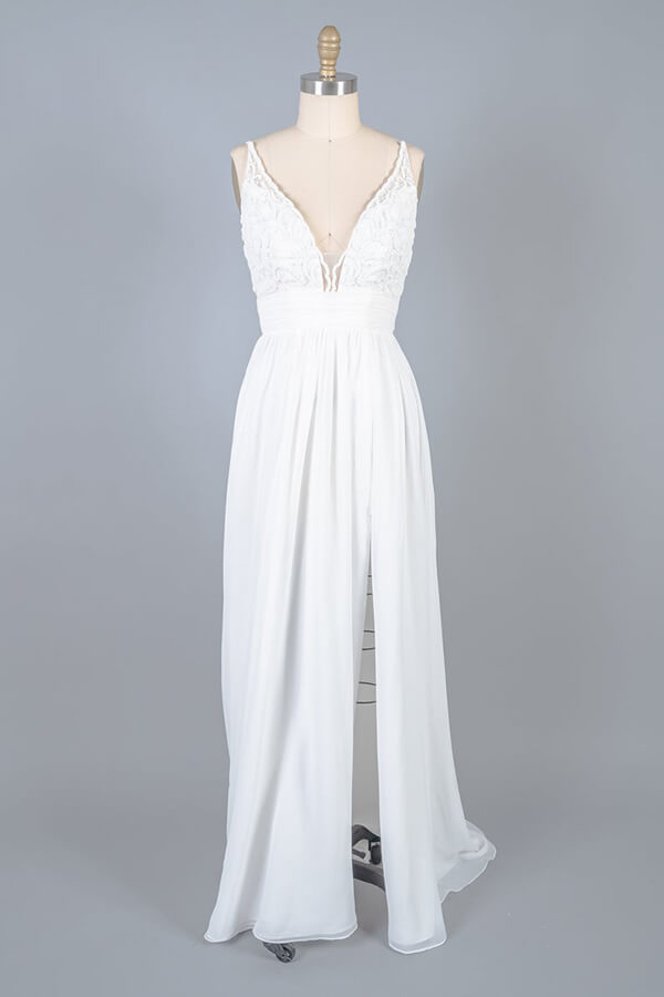 Long V-neck Front Slit Lace Chiffon Sheath Wedding Dress