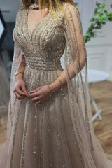 Sparkle V-Neck Tulle A-Line Long Formal Evening Dress with Sequins