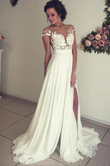 Long A-line Sweetheart Front Slit Appliques Chiffon Wedding Dress