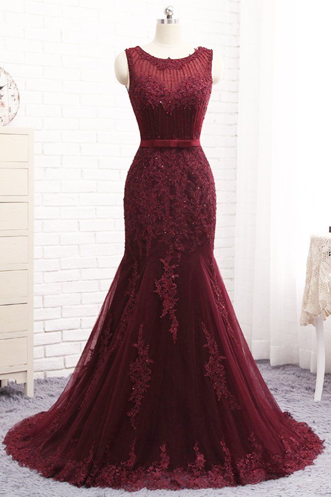 Burgundy Long Scoop Tulle Mermaid Formal Evening Dresses
