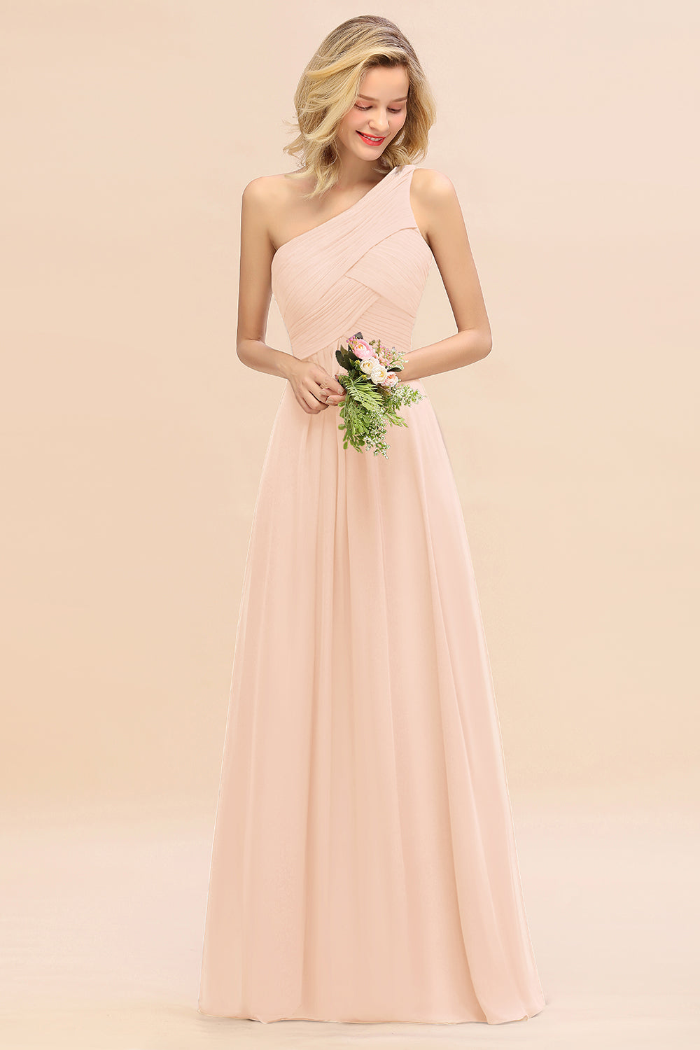 Elegant A-line Chiffon Ruffles One Shoulder Long Bridesmaid Dress
