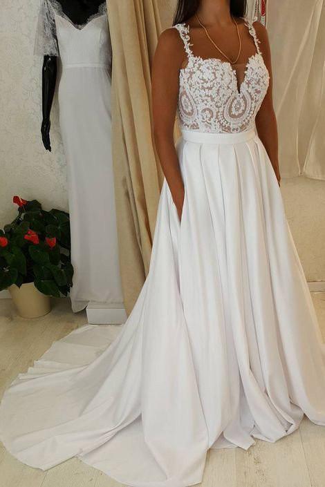 Long Spaghetti Strap Lace A-line Sweetheart Beach Wedding Dress	 with Pockets