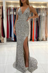 Long V-neck Spaghetti Straps Floor Length Sequins Mermaid Prom Dress With Split