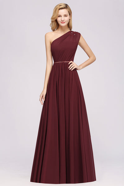 Elegant A-Line Burgundy Chiffon One Shoulder Bridesmaid Dress with Beadings