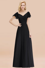 Elegant V Neck Short Sleeves Chiffon A-line Long Black Bridesmaid Dress