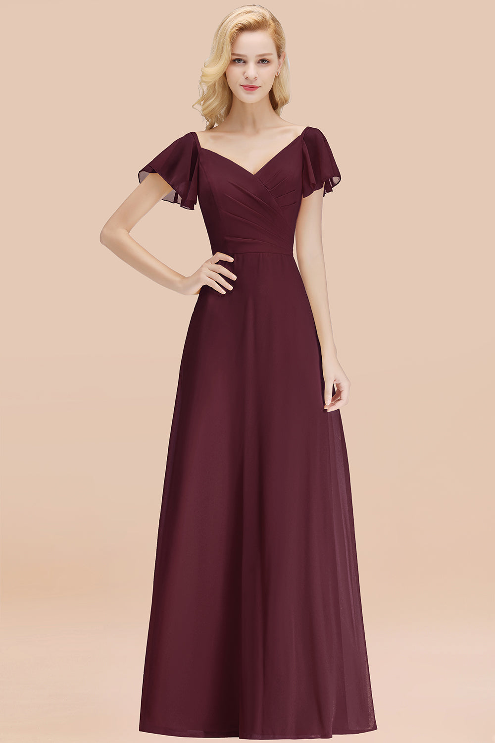 Elegant V Neck Short Sleeves Chiffon A-line Long Cabenet Bridesmaid Dress