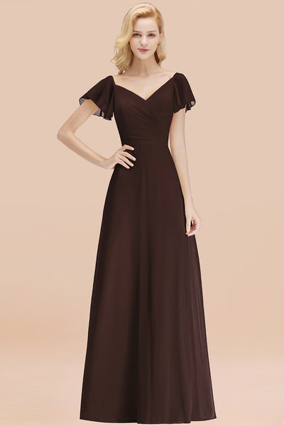 Elegant V Neck Short Sleeves Chiffon A-line Long Chocolate Bridesmaid Dress