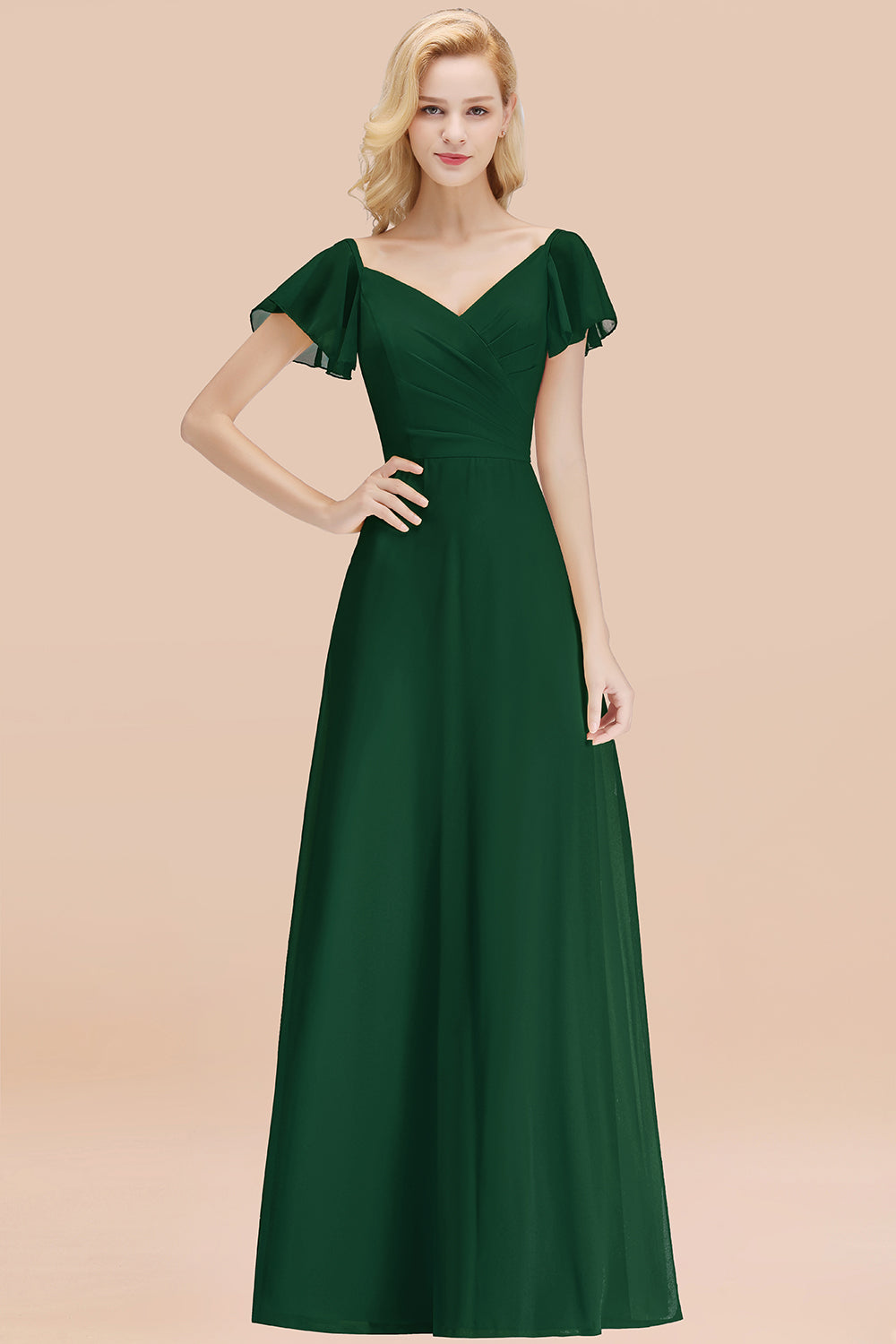 Elegant V Neck Short Sleeves Chiffon A-line Long Chocolate Bridesmaid Dress