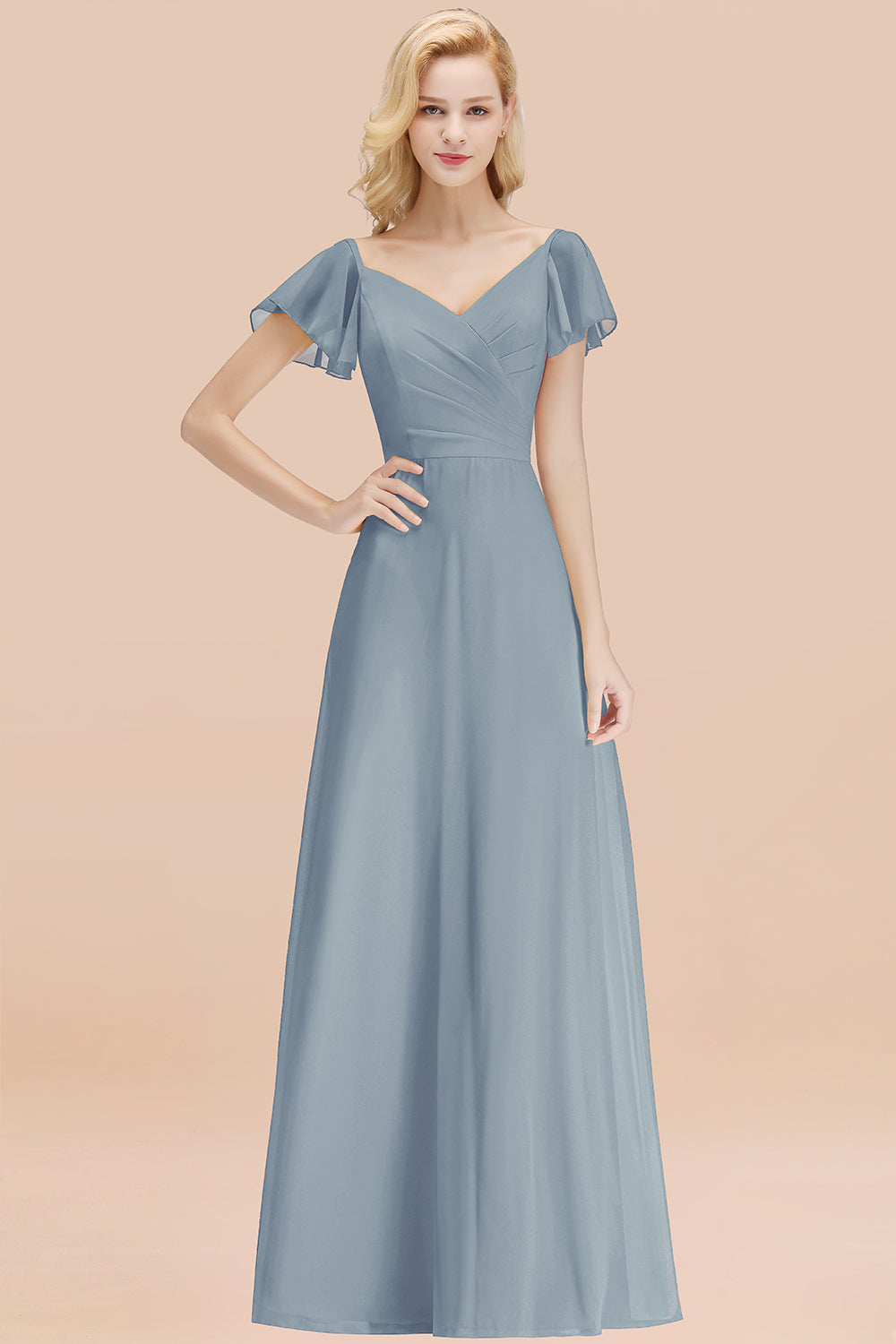Elegant V Neck Short Sleeves Chiffon A-line Long Chocolate Bridesmaid Dress