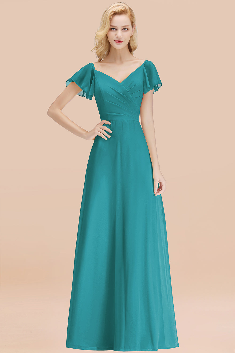 Elegant V Neck Short Sleeves Chiffon A-line Long Chocolate Bridesmaid Dress