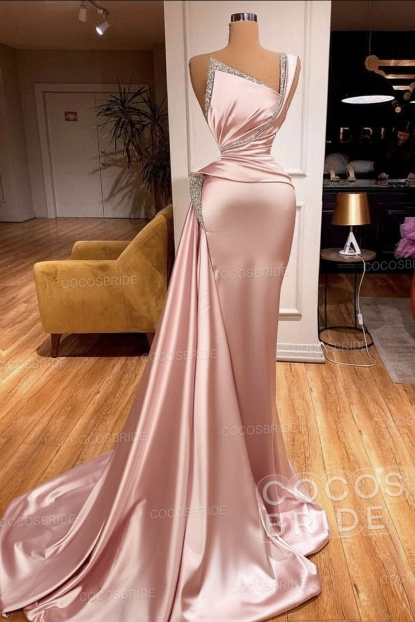 Elegant Long Mermaid One Shoulder Sleeveless Satin Prom Dress