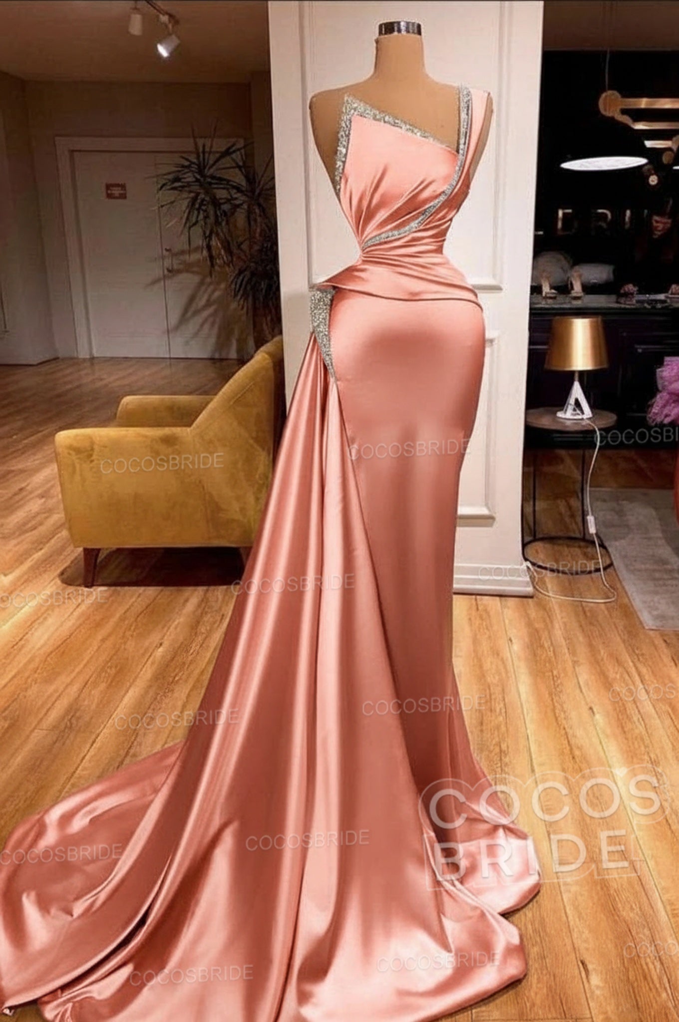Elegant Long Mermaid One Shoulder Sleeveless Satin Prom Dress