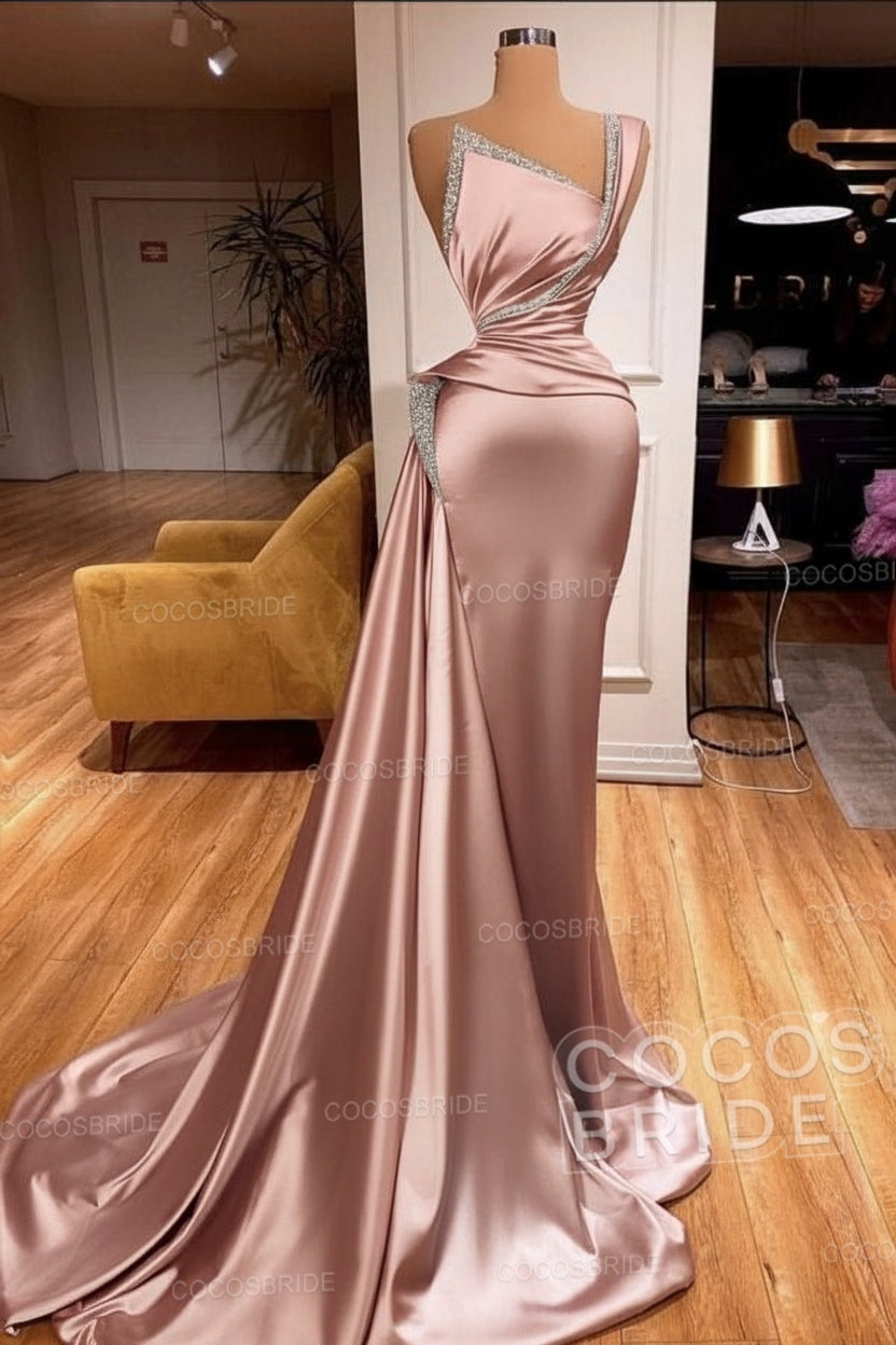 Elegant Long Mermaid One Shoulder Sleeveless Satin Prom Dress