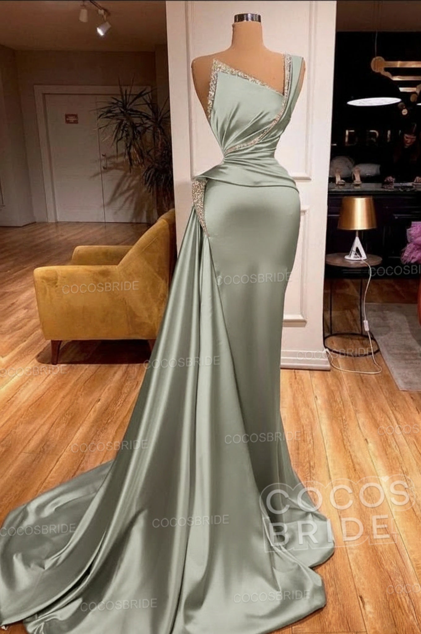 Elegant Long Mermaid One Shoulder Sleeveless Satin Prom Dress