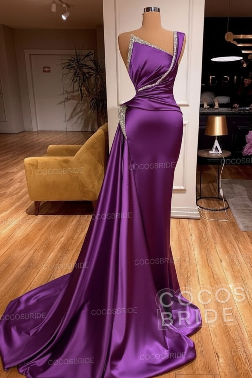 Elegant Long Mermaid One Shoulder Sleeveless Satin Prom Dress