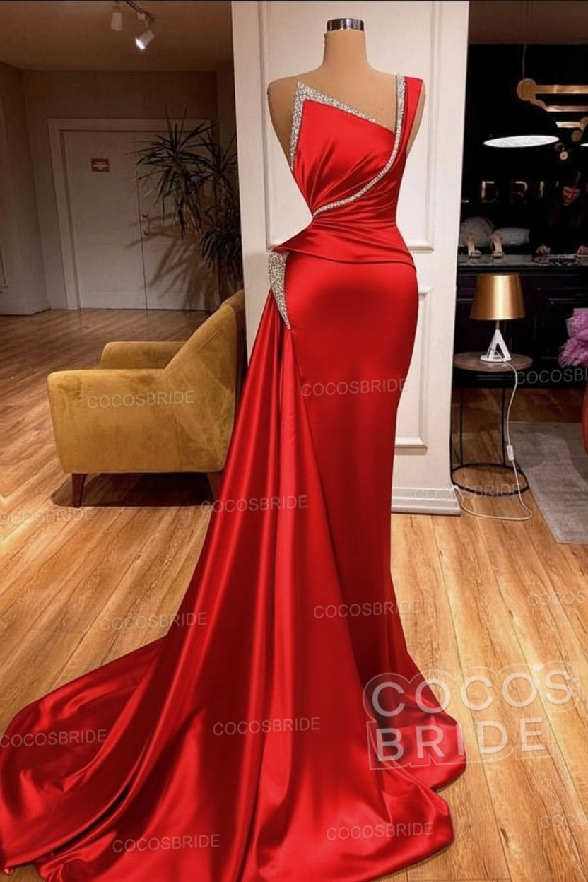 Elegant Long Mermaid One Shoulder Sleeveless Satin Prom Dress