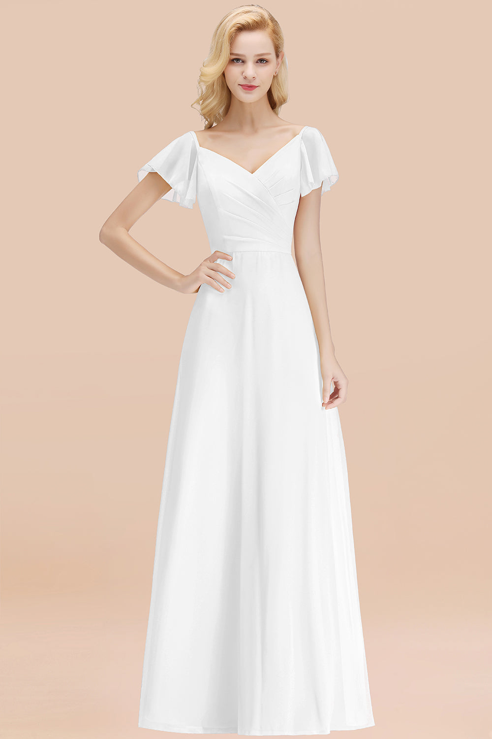 Elegant V Neck Short Sleeves Chiffon A-line Long Chocolate Bridesmaid Dress