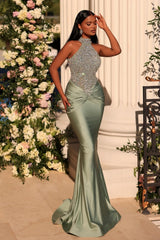 Halter Halter Beaded Satin Long Mermaid Prom Dress