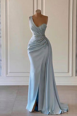 Long Mermaid One Shoulder Satin Beadings Prom Dresses with Slit