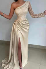 Gorgeous Long Mermaid Asymmetrical Front Slit Prom Dress with Sleeve