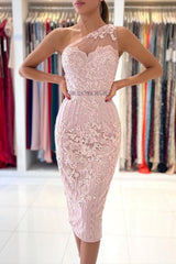 Simple Short Mermaid One Shoulder Floral Lace Slim Formal Party Dress
