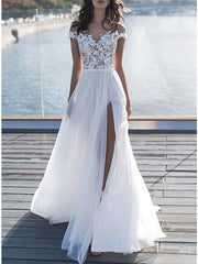 Beach Boho Long A-line Sweetheart Lace Short Sleeve Chiffon Wedding Dresses with Slit