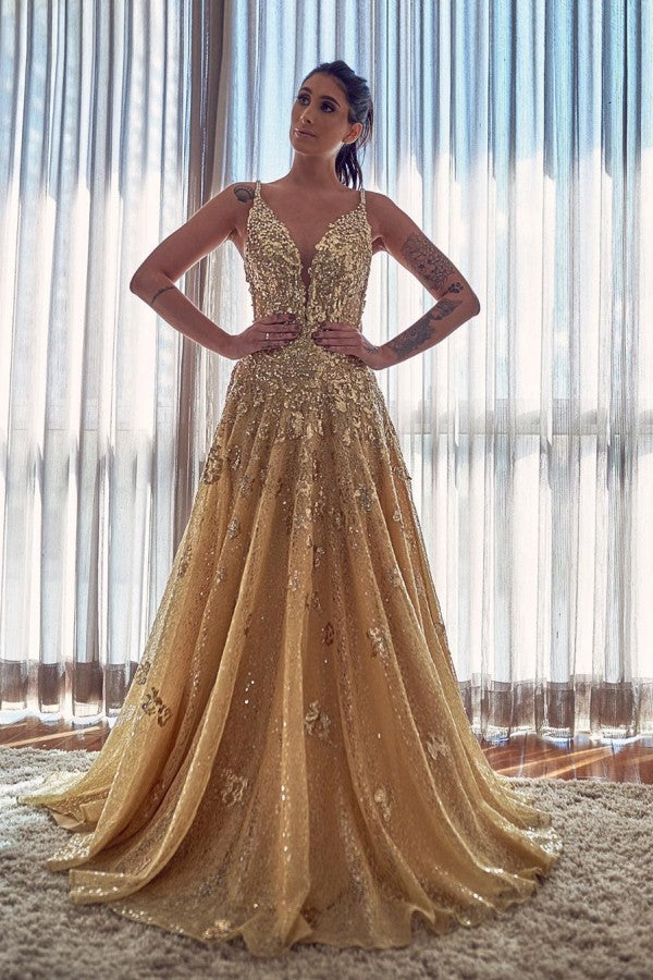 Long A-line Spaghetti Straps V-neck Appliques Lace Ruffles Prom Dress