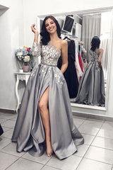 Elegant One Shoulder Long Sleeve A-Line Ruffles Split Prom Dress With Pockets