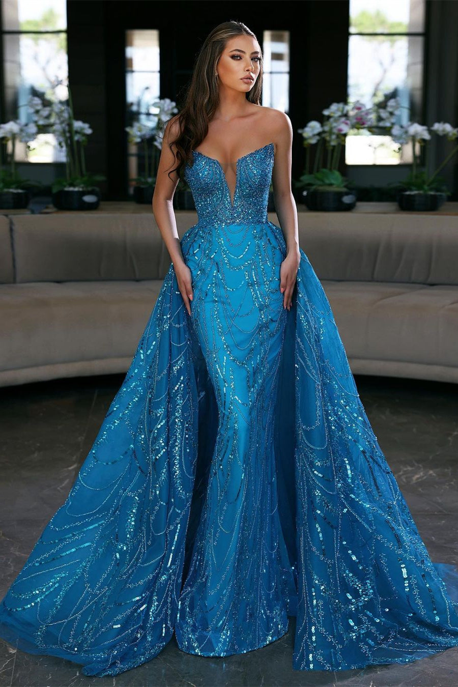 Long Mermaid Sweetheart Sequin Formal Prom Dress with Overskirt