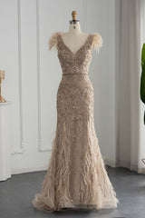 Gorgeous Long Mermaid V-Neck Beading Formal Prom Dresses with Feather