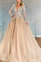 Fabulous Long A-line Beading V-Neck Prom Dress with Long Sleeves
