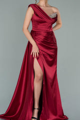 Burgundy Long Mermaid One Shoulder Satin Beads Evening Prom Dresses with Slit