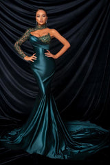 Mermaid One Shoulder Satin Long Prom Dresses with Court Train