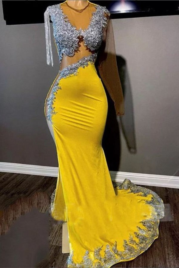 Gorgeous Yellow Long Mermaid Jewel Tulle Satin Prom Dress with Sleeves