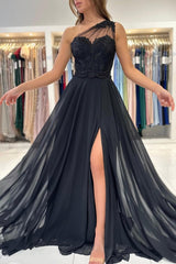Black Long A-line One Shoulder Chiffon Lace Prom Dresses with Slit