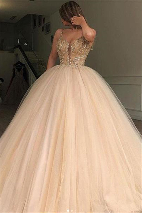 Long Ball Gown Spaghetti Straps Beaded Tulle Prom Dresses