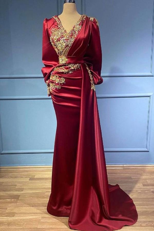 Long Mermaid V-neck Satin Beads Floor length Formal Evening Dress with Sleeves