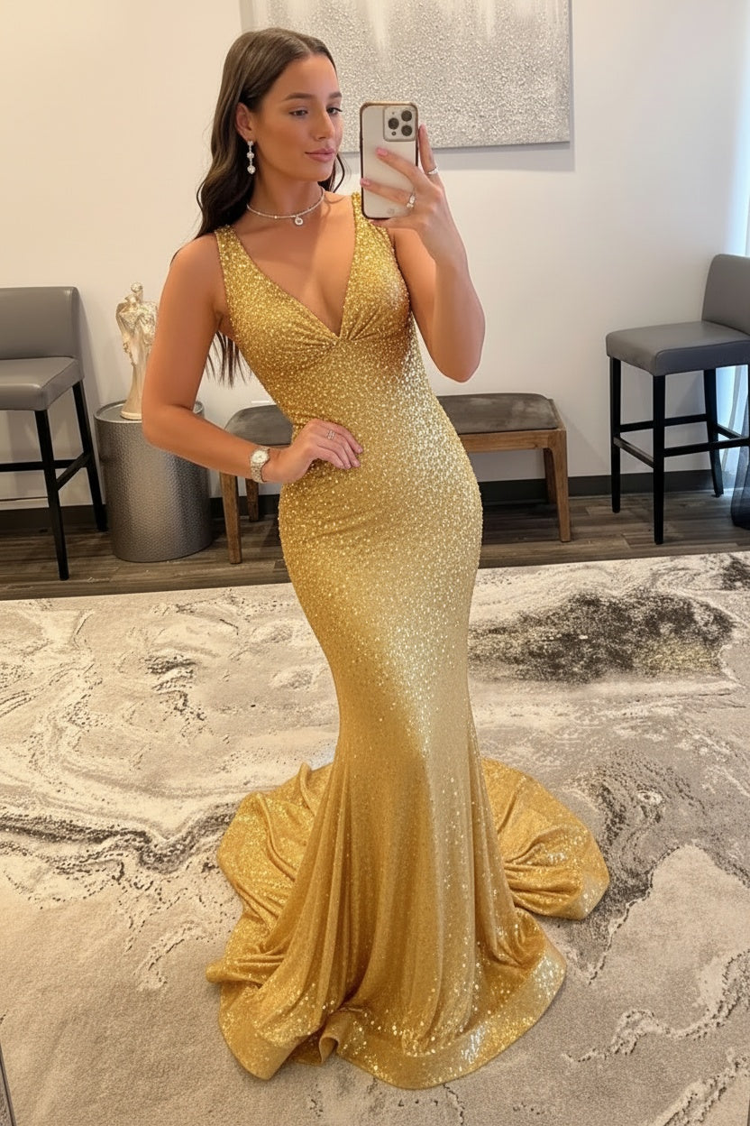 Orange Long Mermaid V neck Sequin Backless Prom Dress