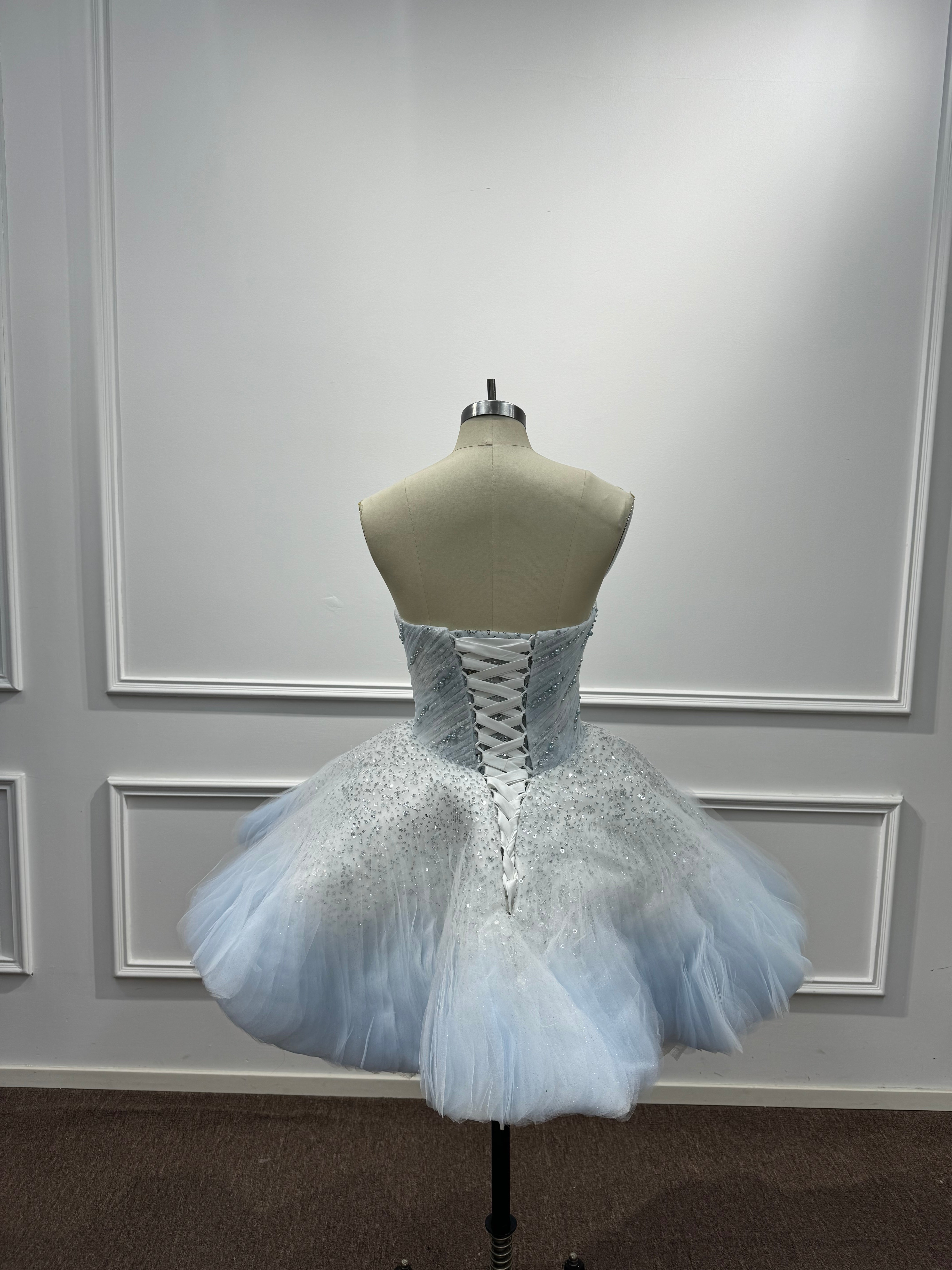 Beautiful Blue Strapless Ball Gown Homecoming Dress with Beaded