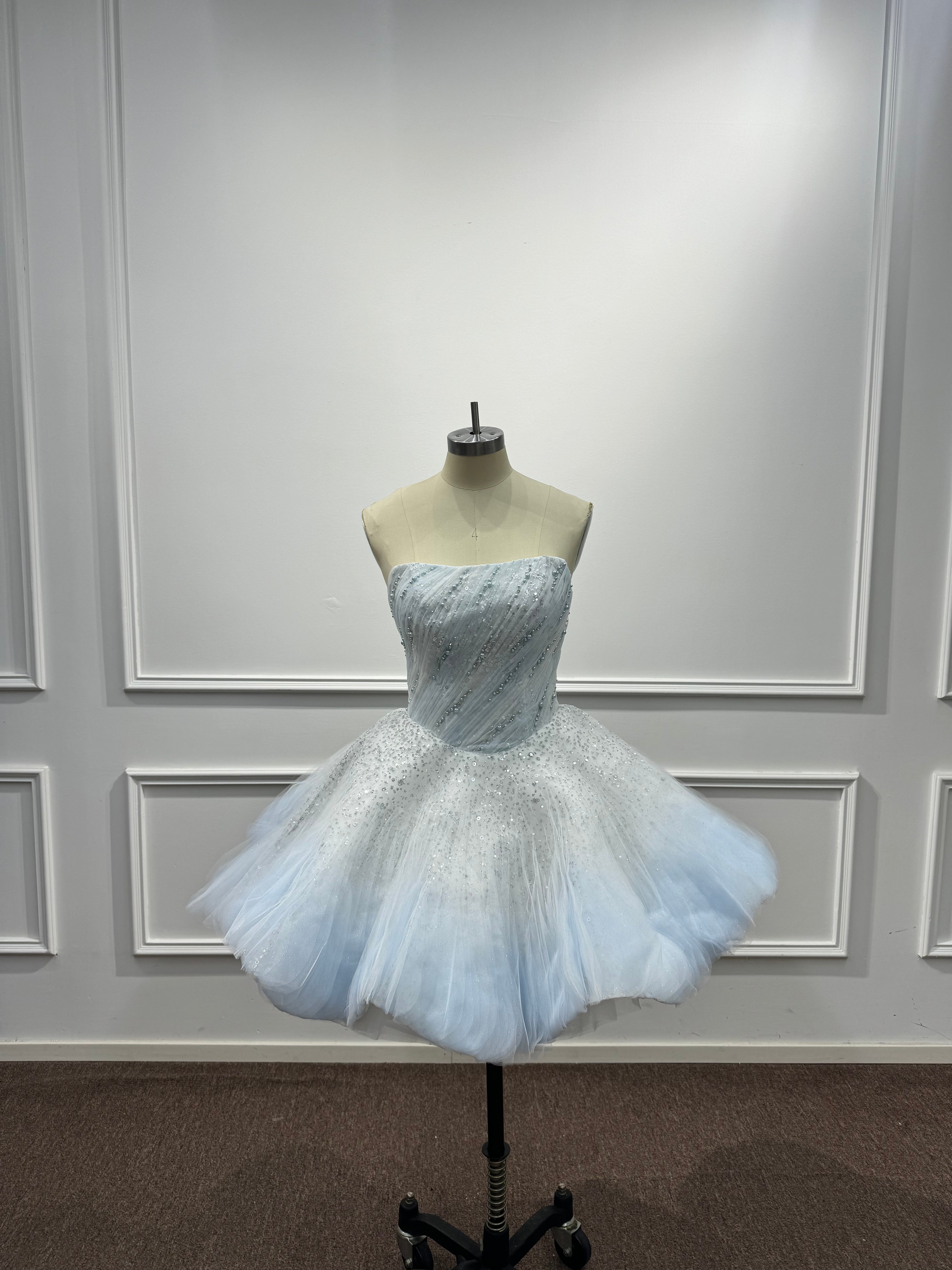 Beautiful Blue Strapless Ball Gown Homecoming Dress with Beaded